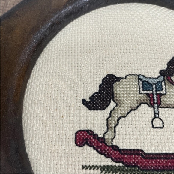 Set Of 2 Vintage Wood Framed Rocking Horse & Teddy Bear Cross-Stitch Art Nursery - Picture 5 of 7